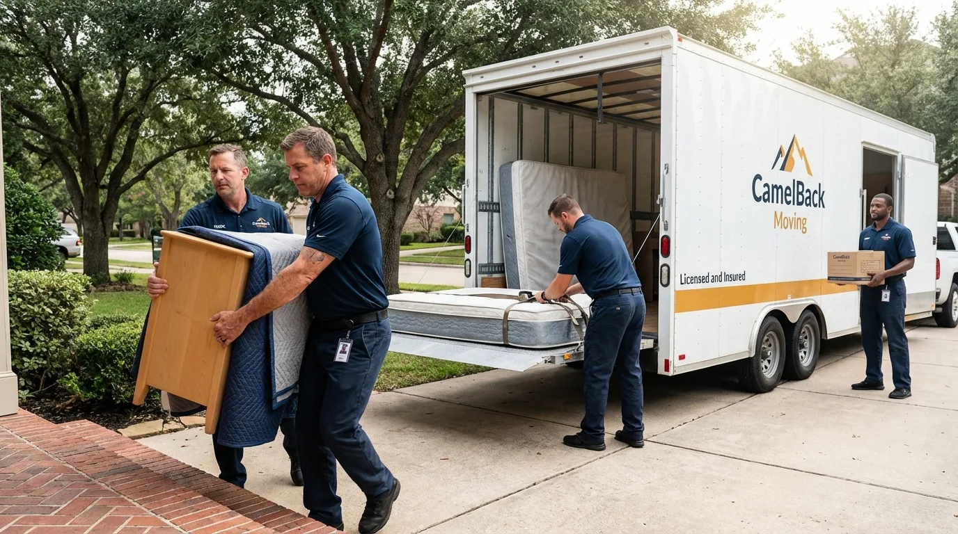 Crew loading residential truck for cross-state move from Wheatland, CA