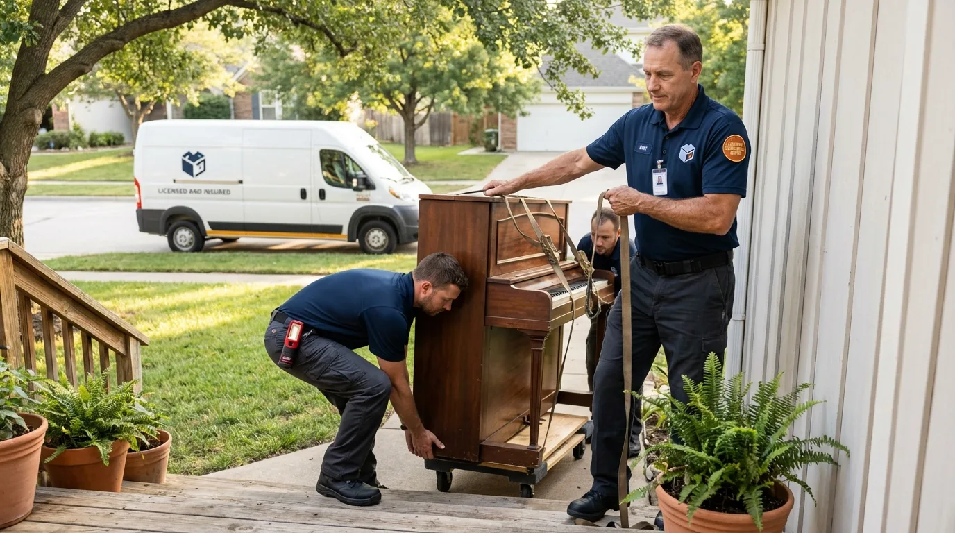 Licensed piano movers securing grand piano in Wheatland, CA