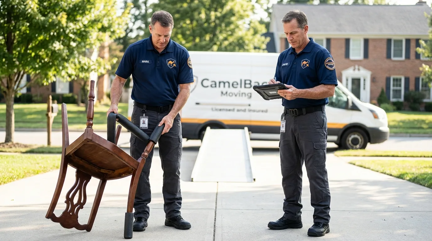 Movers inspecting furniture for damage prevention before loading in Wheatland, CA