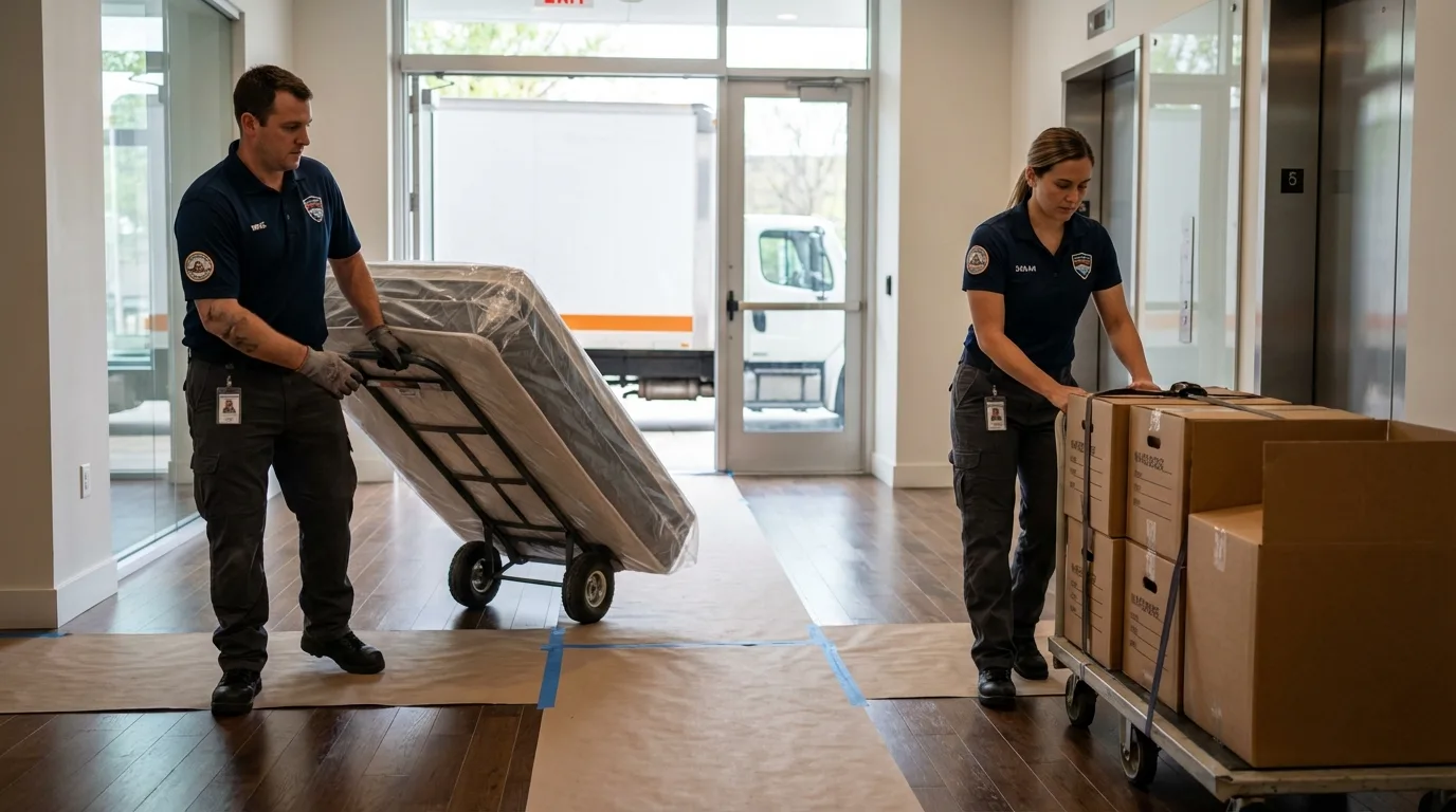 Professional apartment movers loading elevator in Wheatland, CA